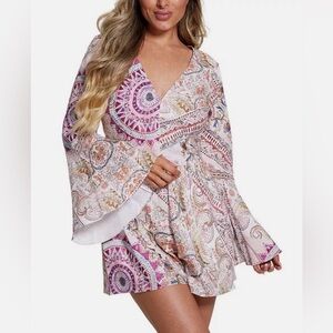 Guess 100% Linen Romper Women XL Paisley Flared Sleeves Designer Summer NWT $